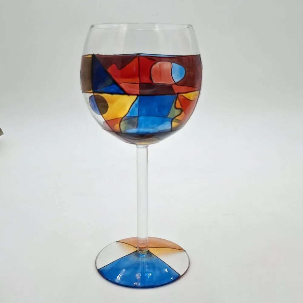 Colorful Hand painted Stemmed Wine Glass  8 3/8